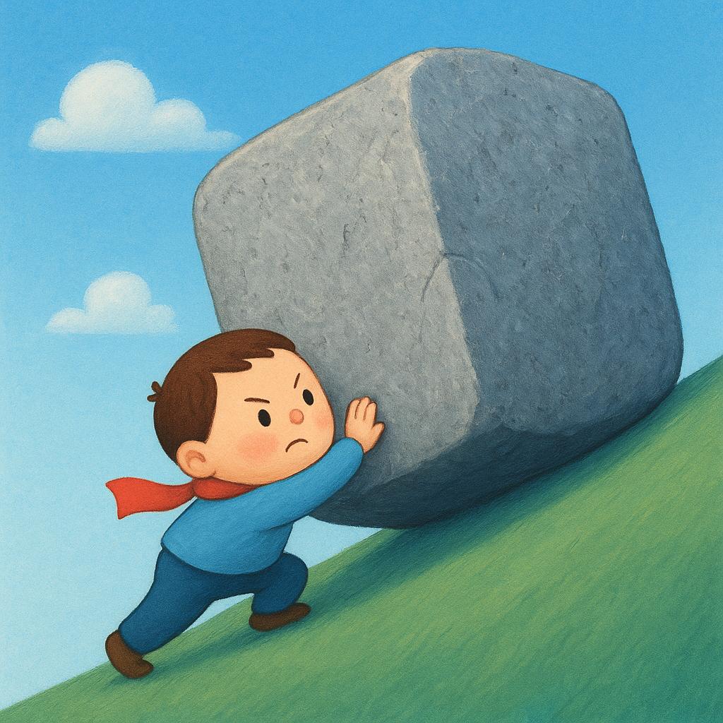 A small person straining to push a huge, grey stone block up an extremely steep hill, illustrating a futile effort.