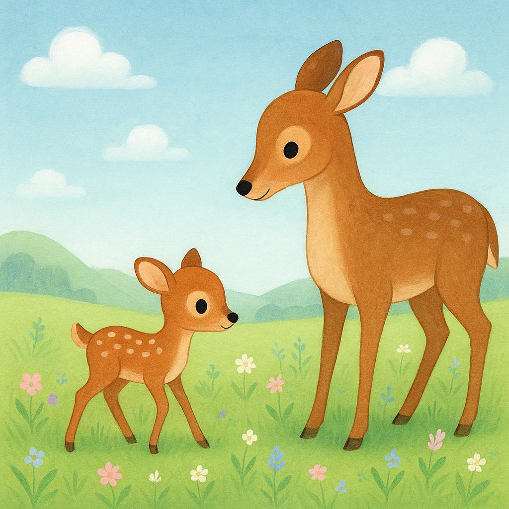 A small, spotted fawn standing wobbly on its legs next to a larger mother deer in a bright, grassy meadow.