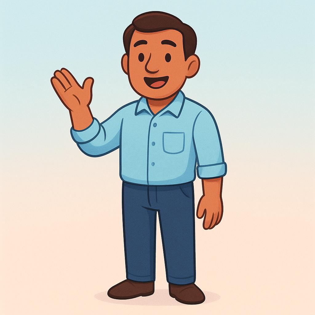 A simple storybook illustration of a friendly man standing, looking forward, with his mouth open mid-speech.