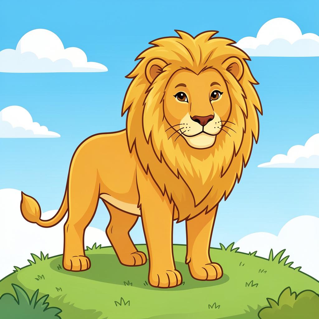 A kind lion with a golden mane standing proudly under a bright sun.