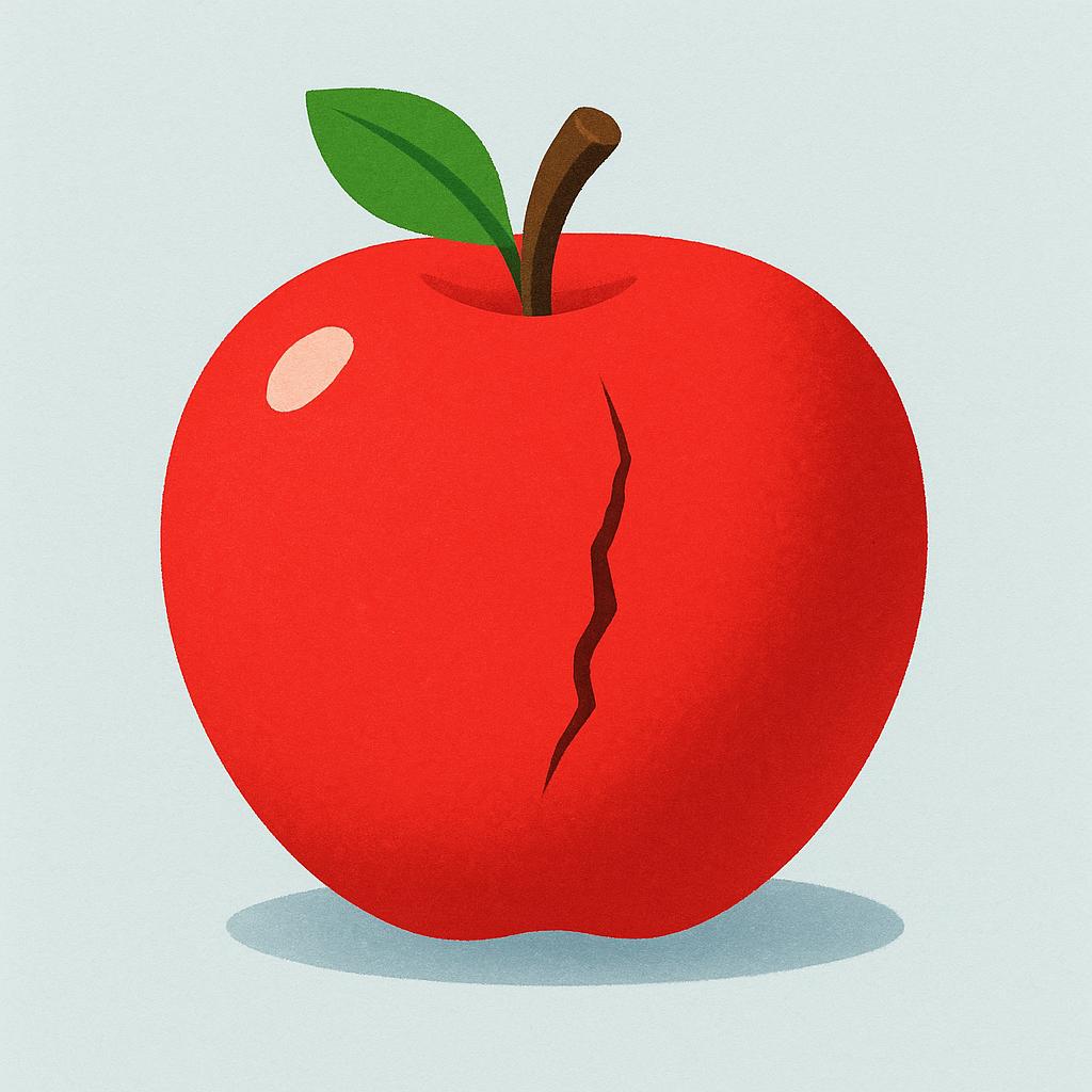 A bright red apple with a noticeable crack or flaw on its surface.