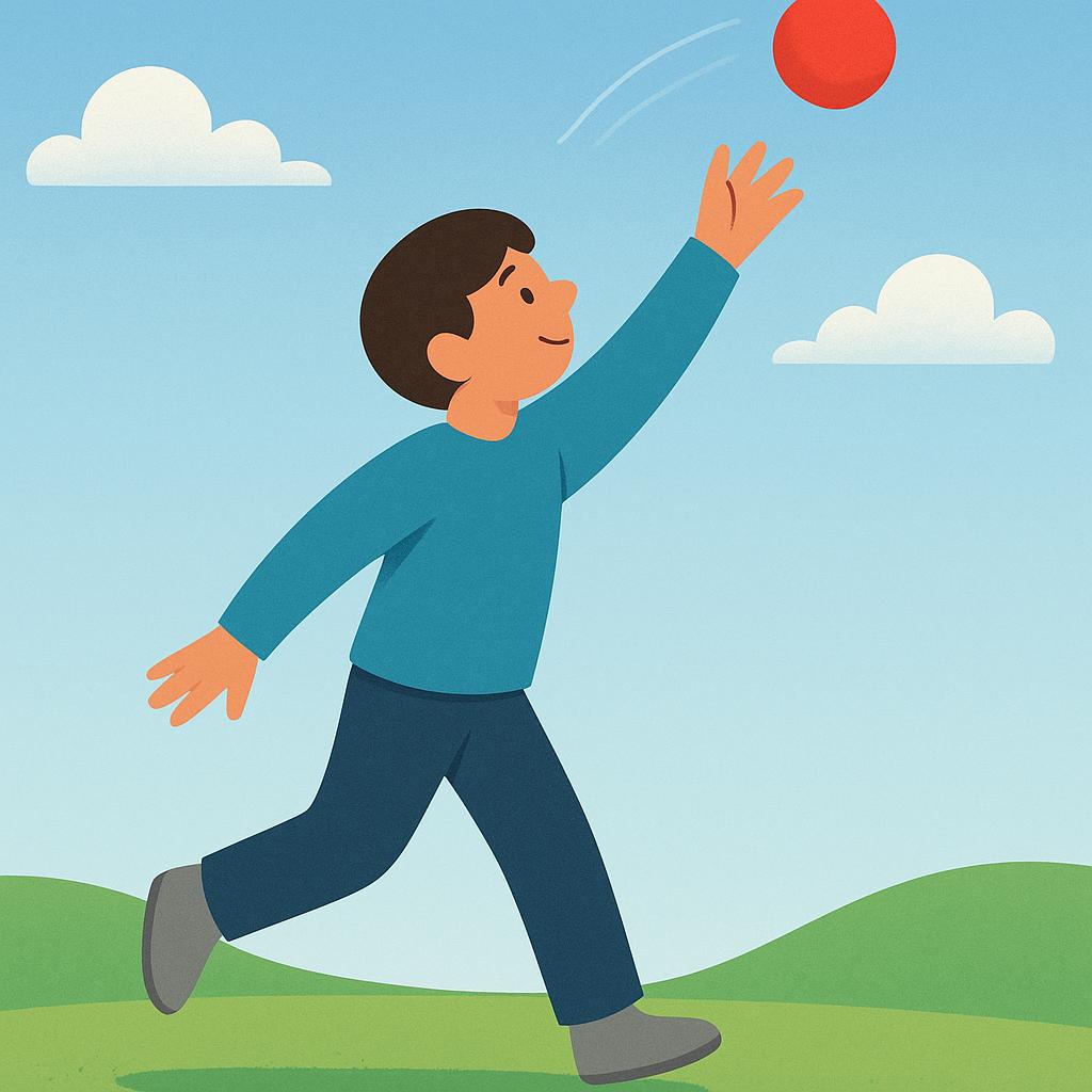 A person throws a small red ball high into the air against a bright blue background.