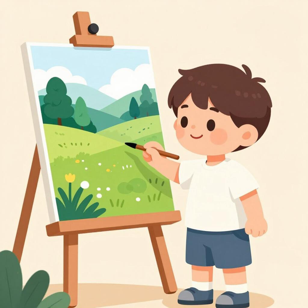 A storybook illustration of a young child standing confidently at an easel, effortlessly painting a perfect, vibrant landscape.