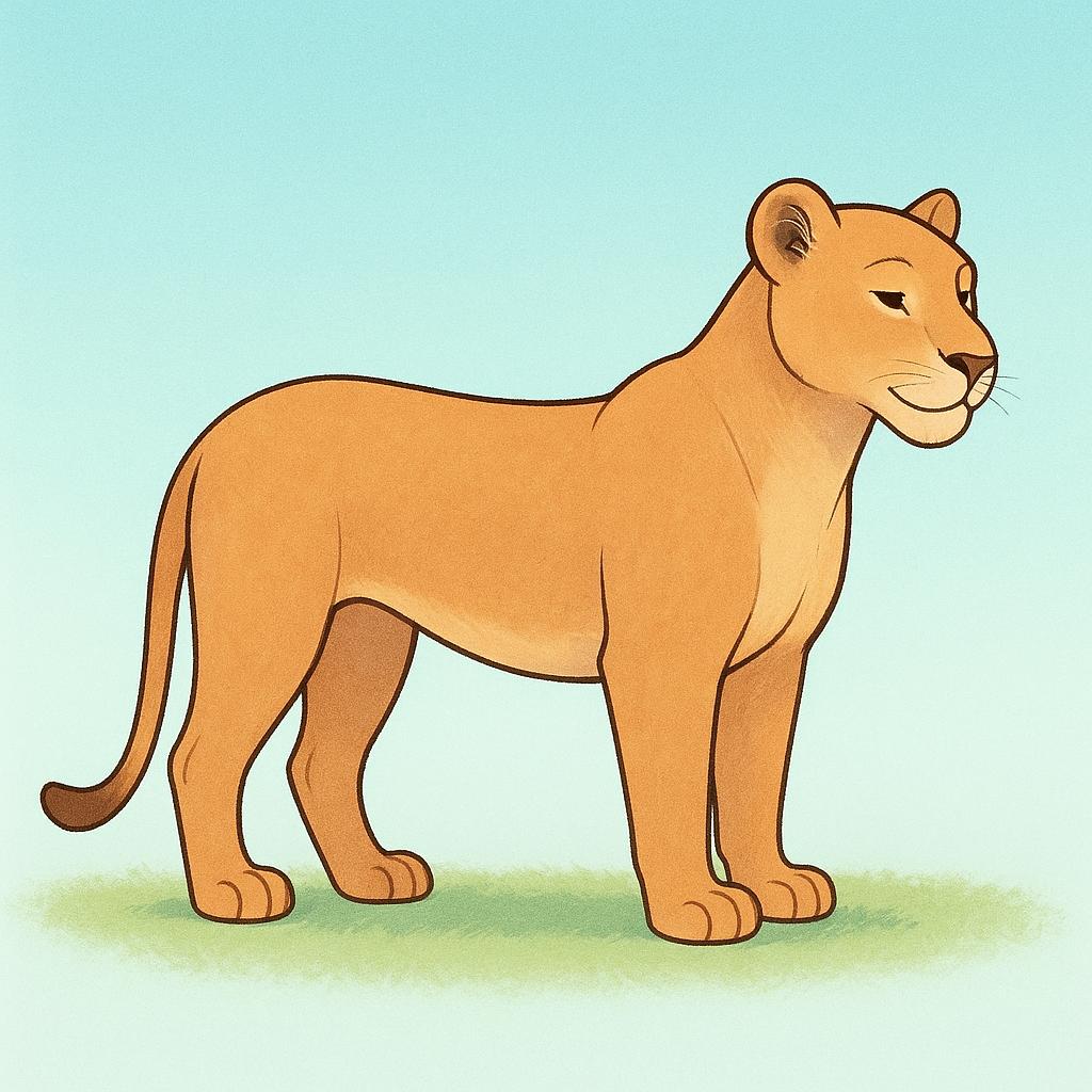 A majestic lioness standing calmly in a savanna setting.
