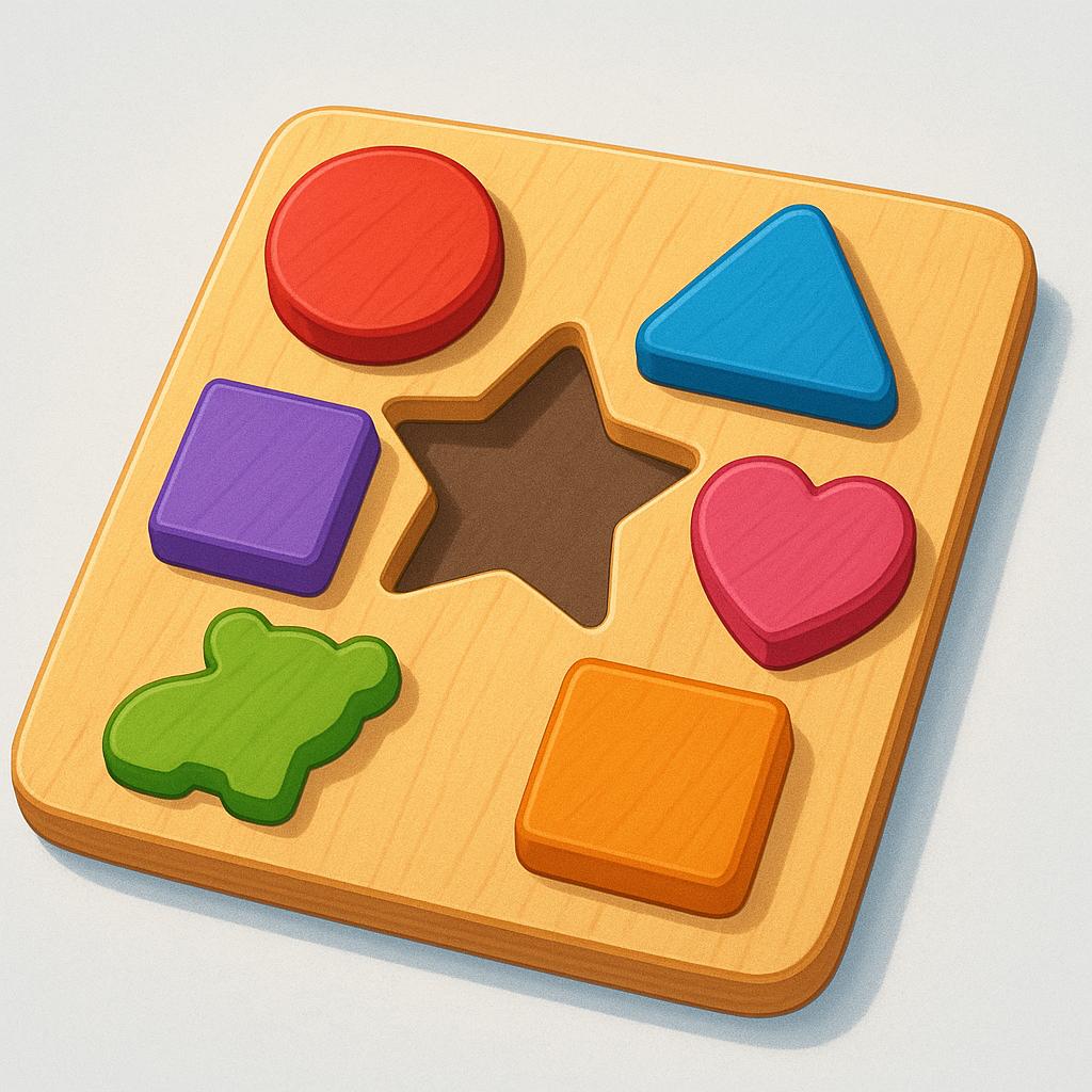 A colorful wooden puzzle board with a large, obvious space where a single piece is missing.