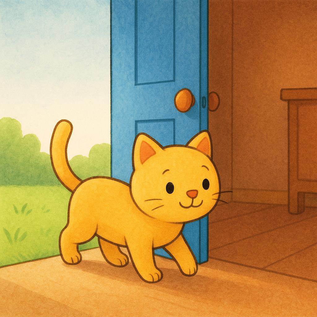 A cheerful yellow cat stepping from a sunny exterior into the sheltered, darker interior of a small house through an open blue door, illustrating movement inward.