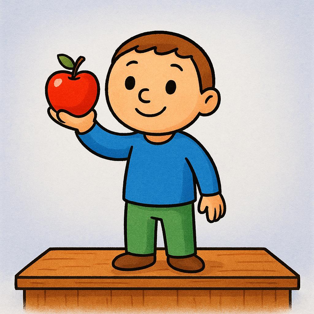 A friendly cartoon character stands on a small stage, holding a single bright red apple high above their head, clearly presenting it to the viewer.