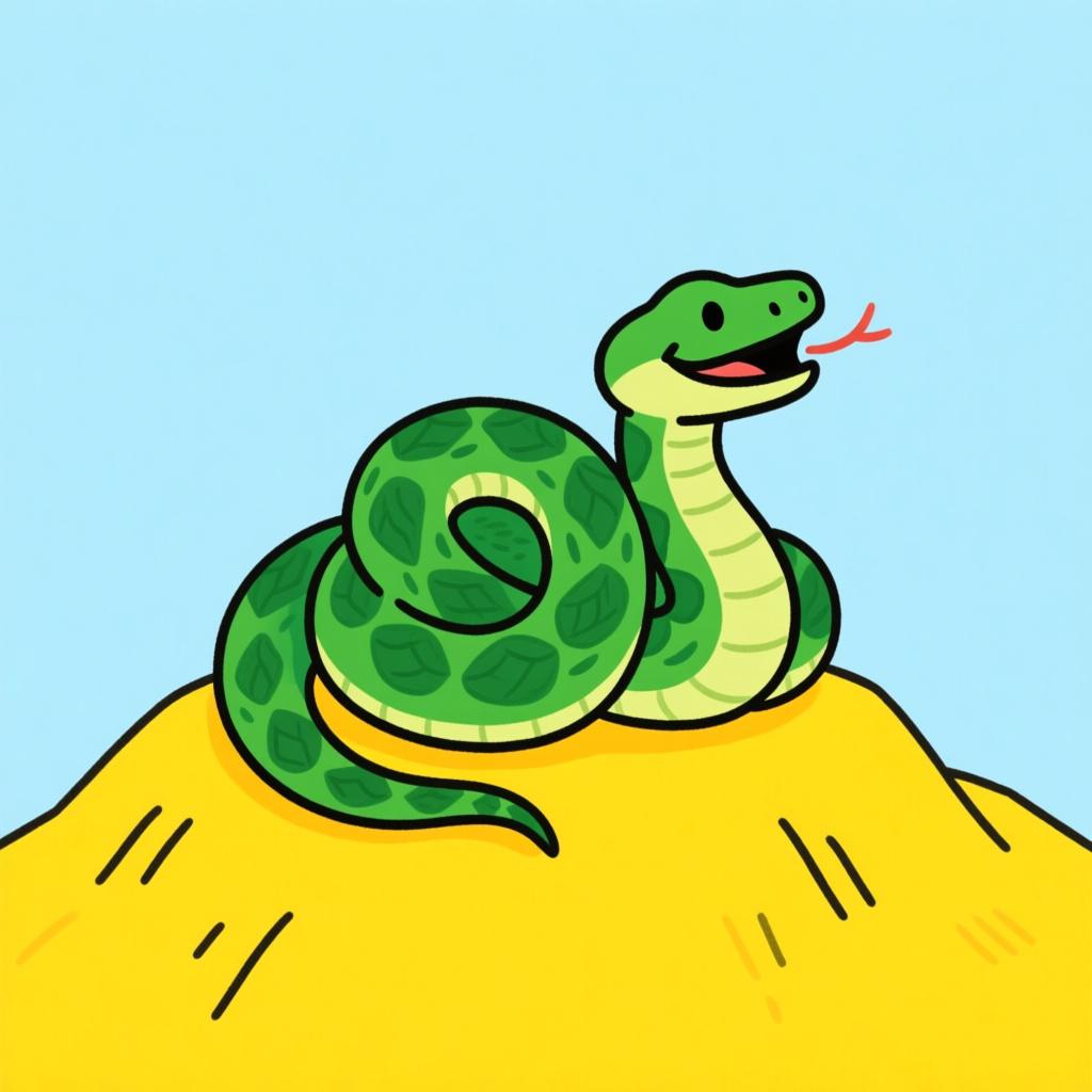 A friendly green snake coiled on a bright yellow hill, making a sharp hissing sound.