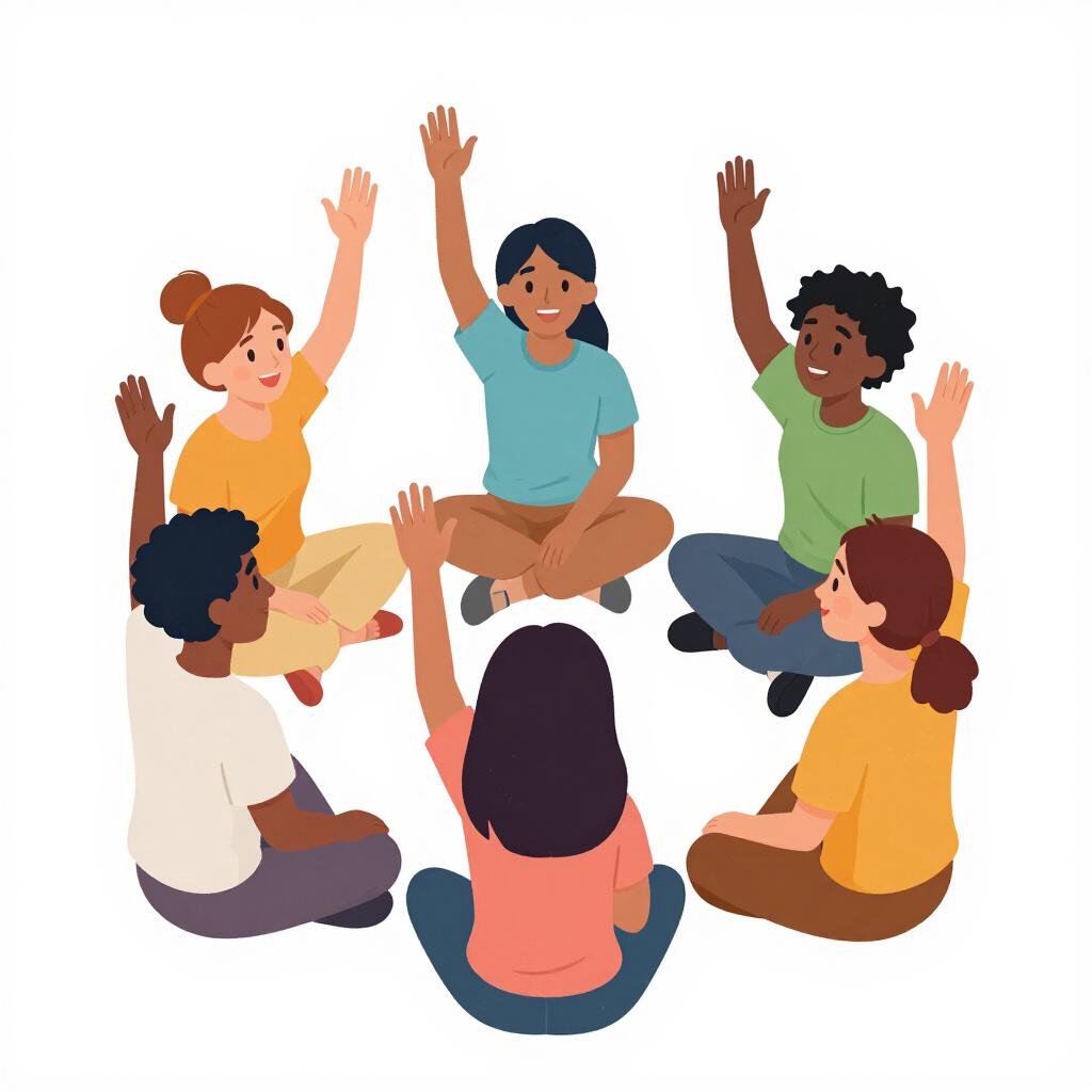 全員が同時に手を挙げて合意を示している、幸せそうな多様な人々が集まったグループ。