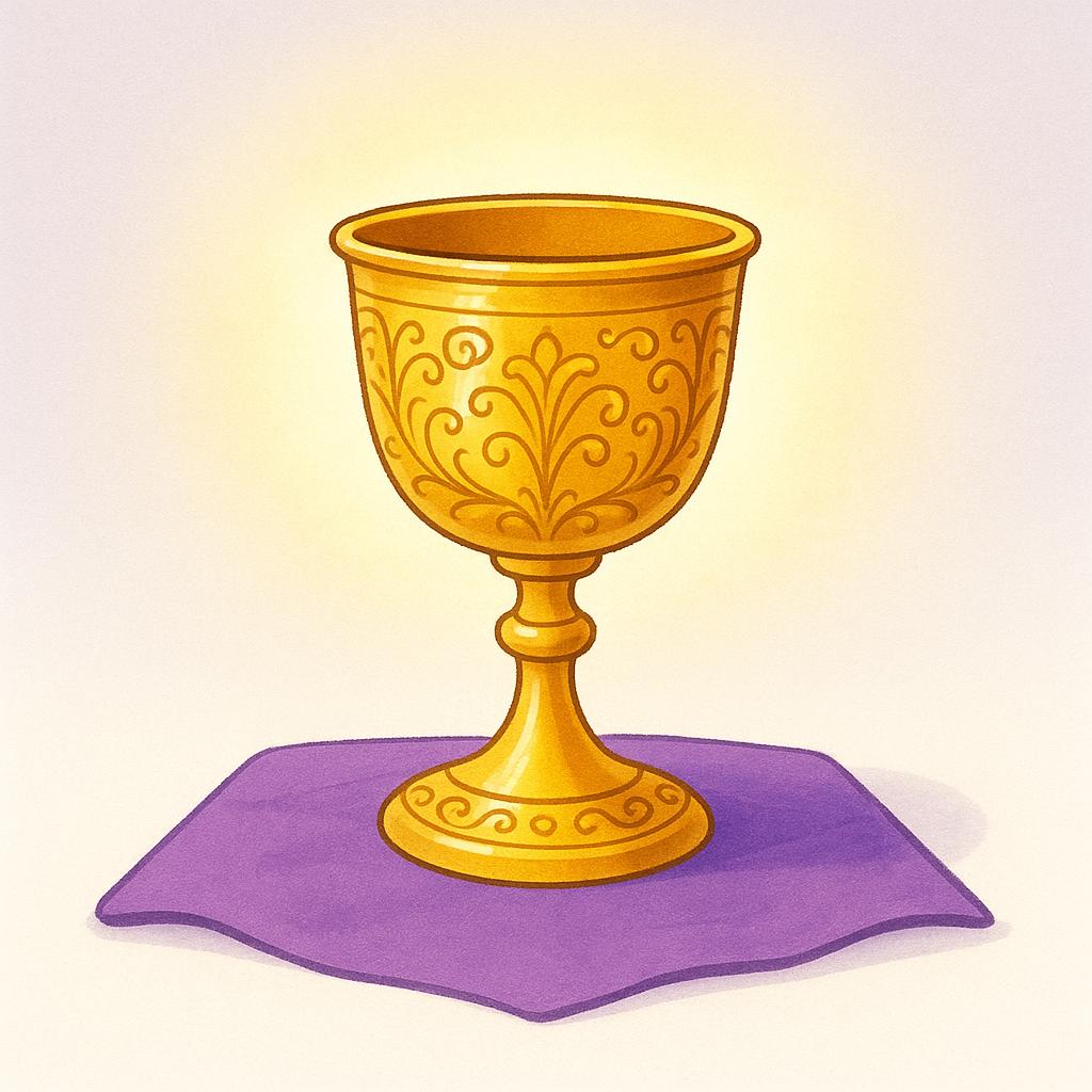 A single, ornate, golden chalice resting on a simple purple cloth. The chalice is illuminated by a soft, ethereal golden light, symbolizing holiness.