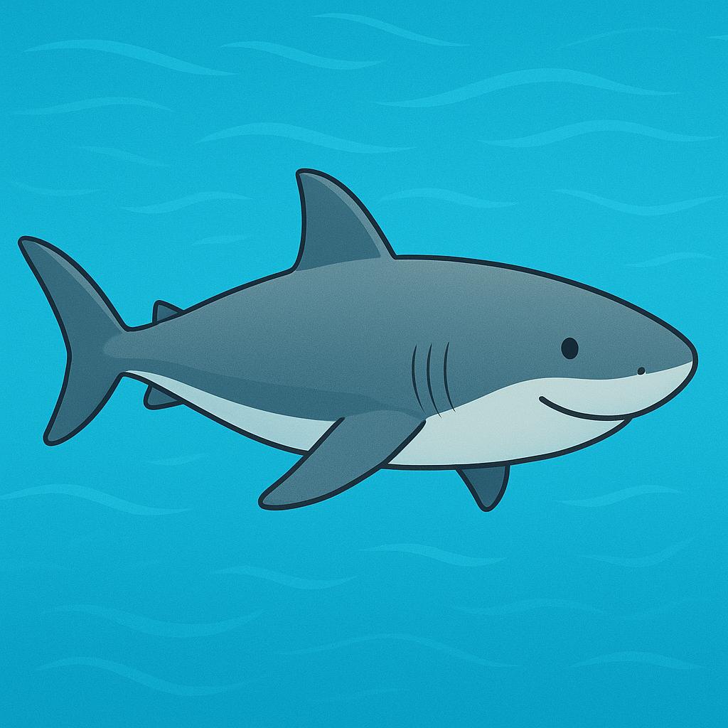 A simplified illustration of a large gray shark swimming in deep blue ocean water.