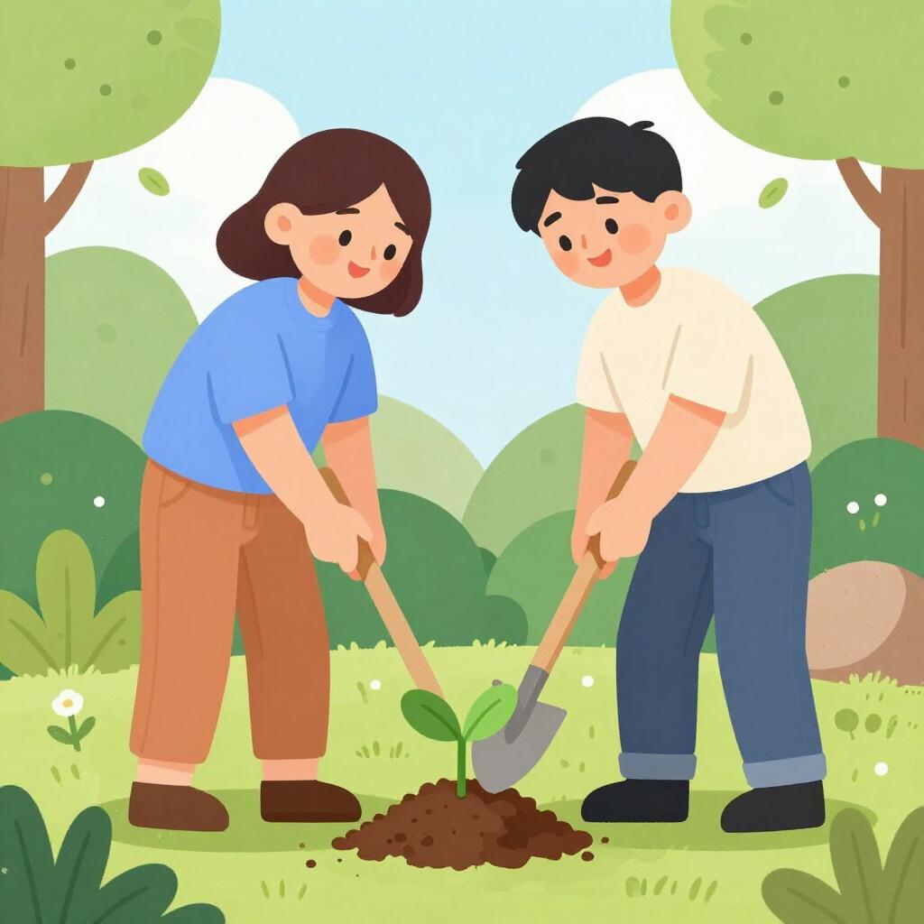 Two people working together to plant a small tree in a garden using a shovel.