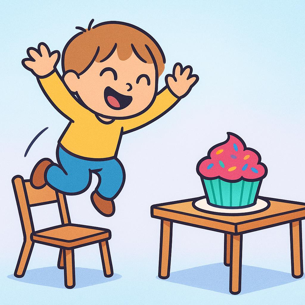 A simplified character suddenly jumping up from a chair, driven by a sudden urge for a cupcake on a table.