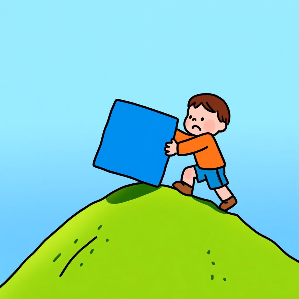 A small, determined child pushing a large, bright blue block up a gentle green incline, symbolizing the act of trying hard to accomplish a task.