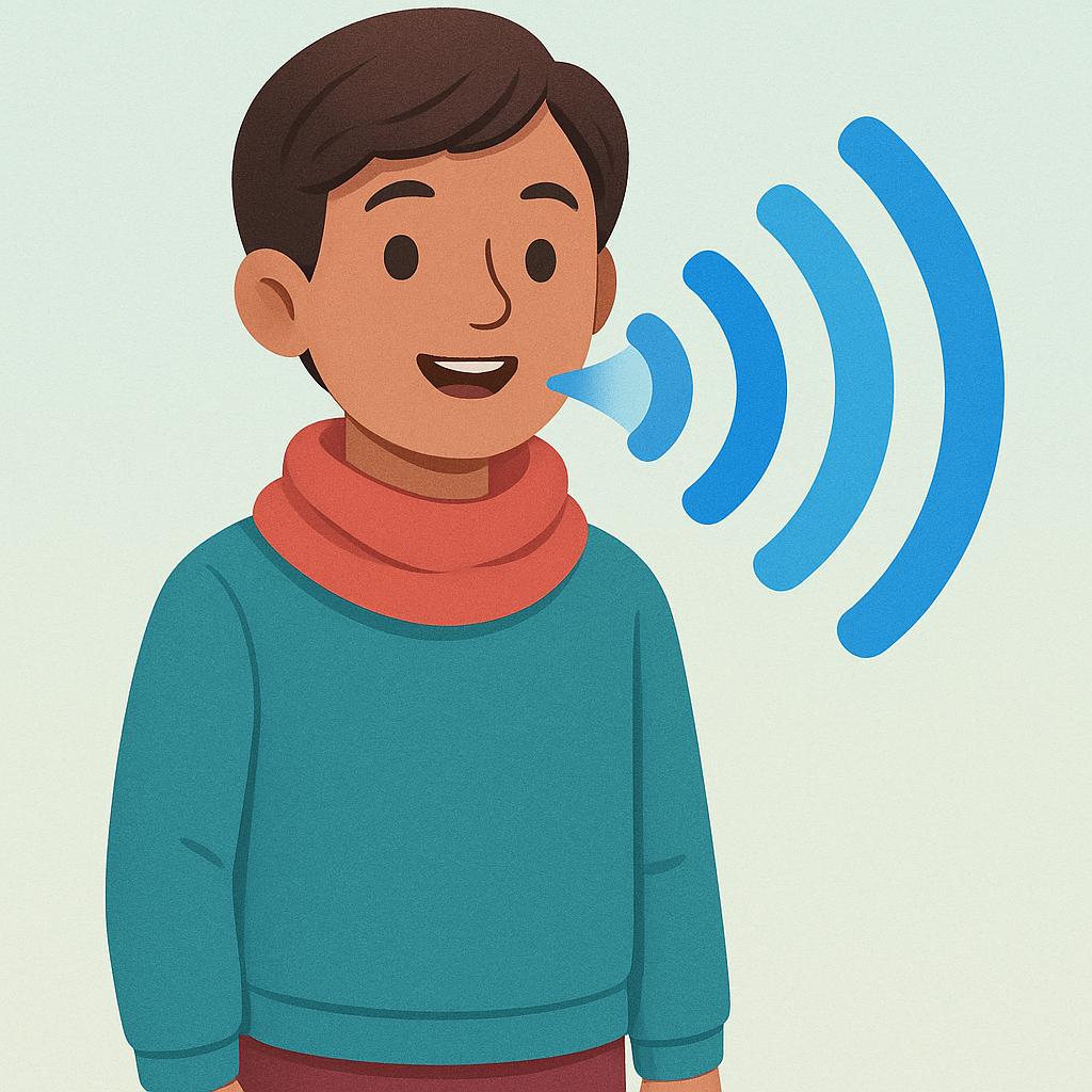 A high quality storybook illustration showing a young person facing the viewer. A large, stylized blue sound wave shape is visibly emanating from their mouth, indicating that they are speaking or have just spoken.