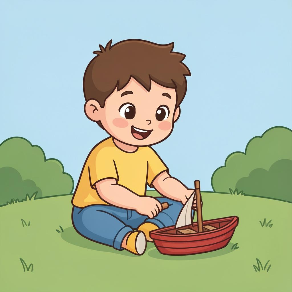 A cheerful child playing with a small wooden toy boat in a park.