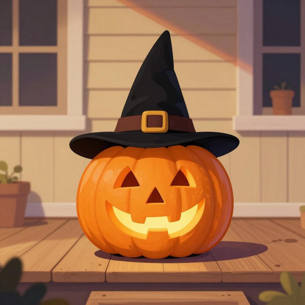 A carved pumpkin with a smiling face and a pointed black witch hat.