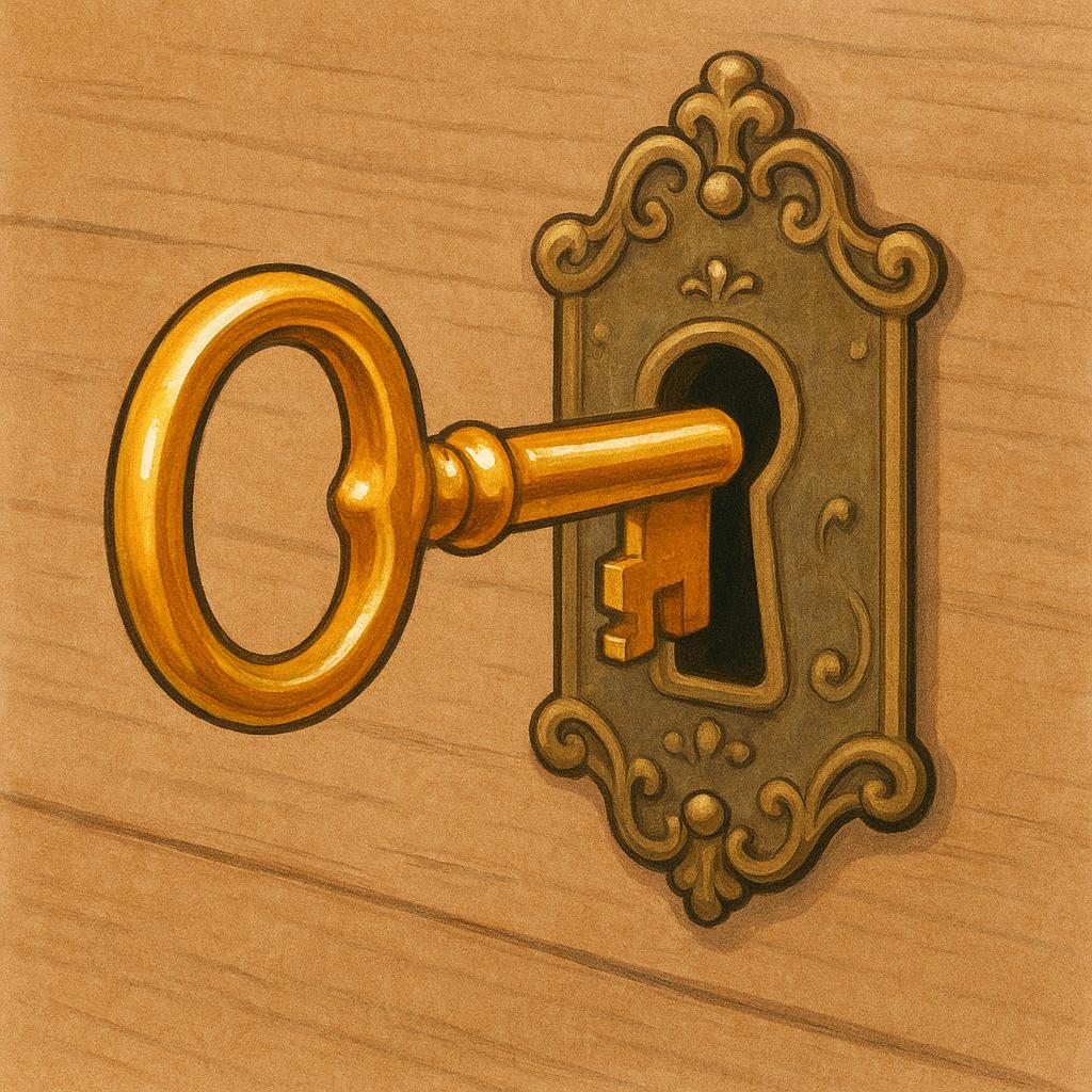 A shiny golden key perfectly inserted into a matching, ornate keyhole on a wooden door.
