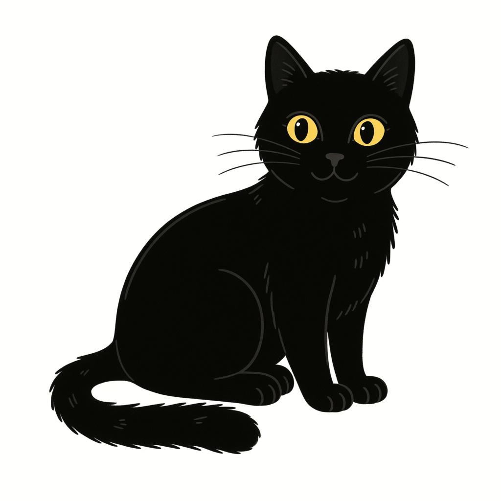 A sleek, happy cat sitting down, colored entirely black against a plain background.