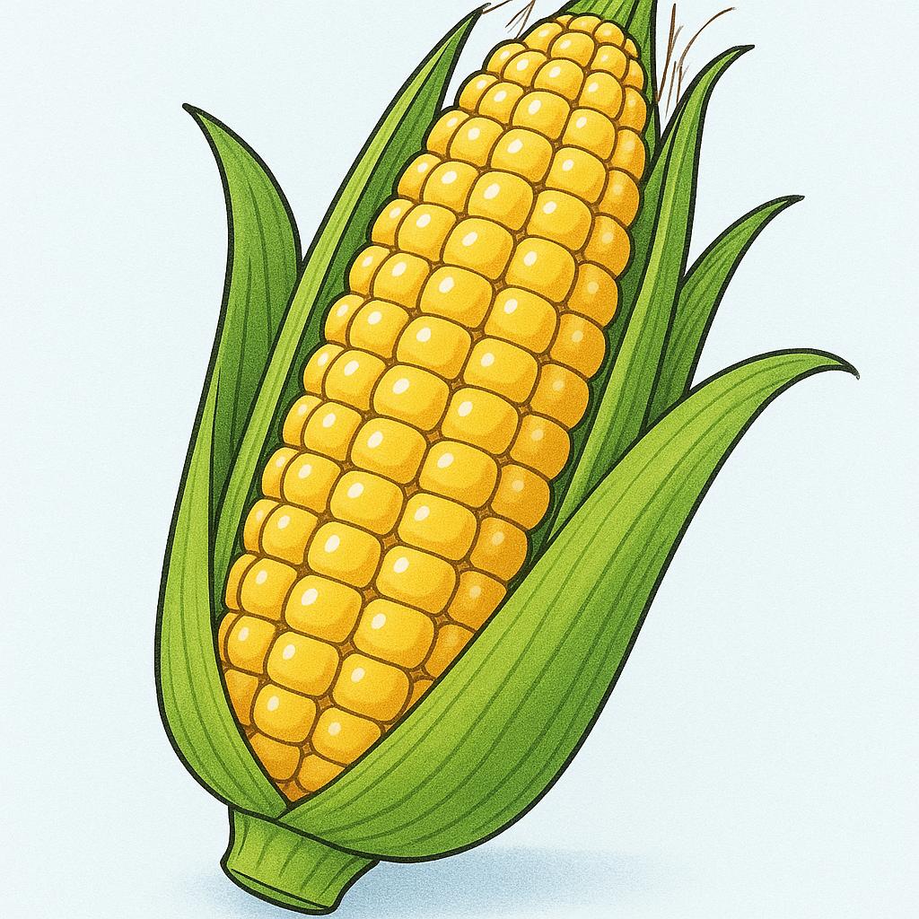 A single, bright yellow ear of corn with green husks peeled back, set against a simple background.