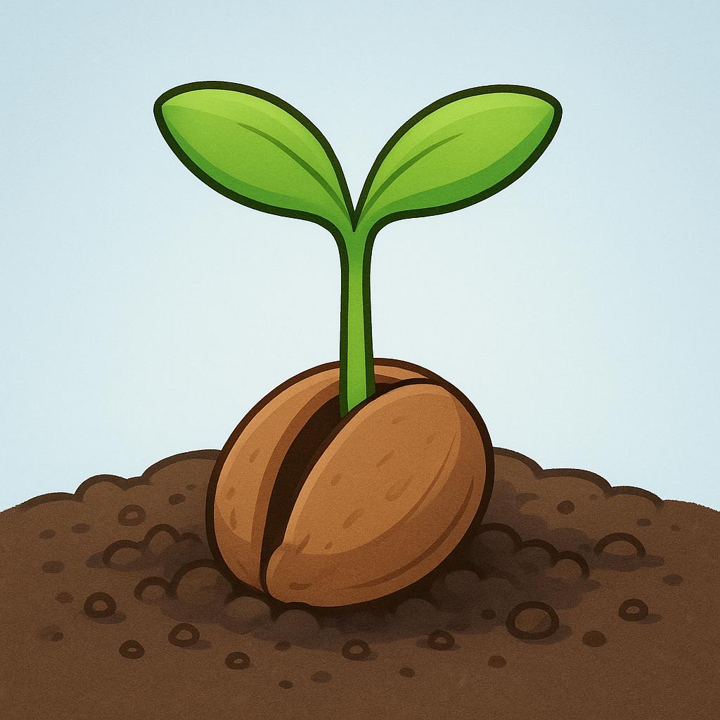 A small green sprout pushing up from a brown seed partially buried in dark soil, symbolizing future growth and transformation.