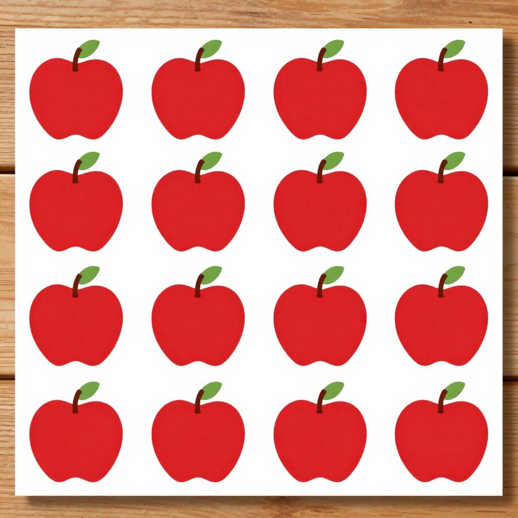 A neat pile of sixteen red apples sitting on a simple wooden table.