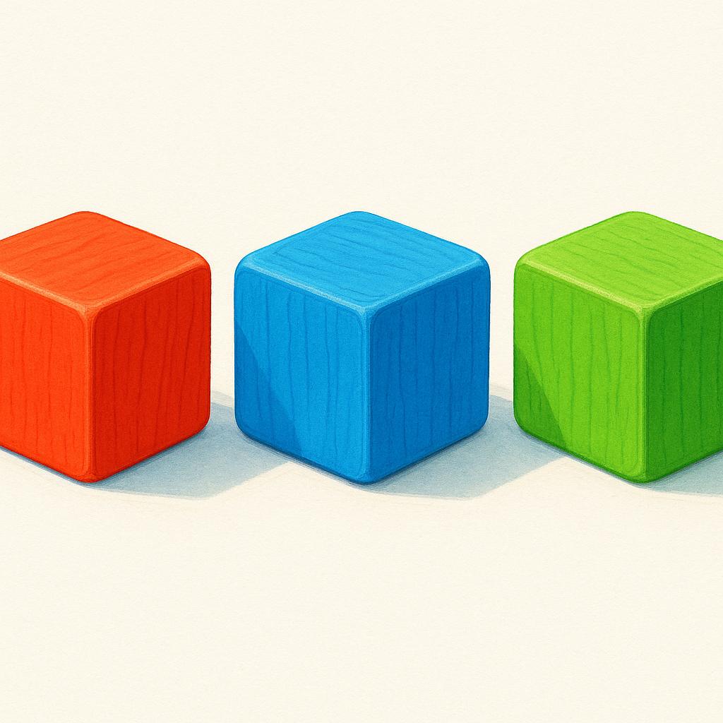 A visual depiction of measurement units showing three identical, colorful wooden blocks arranged neatly.