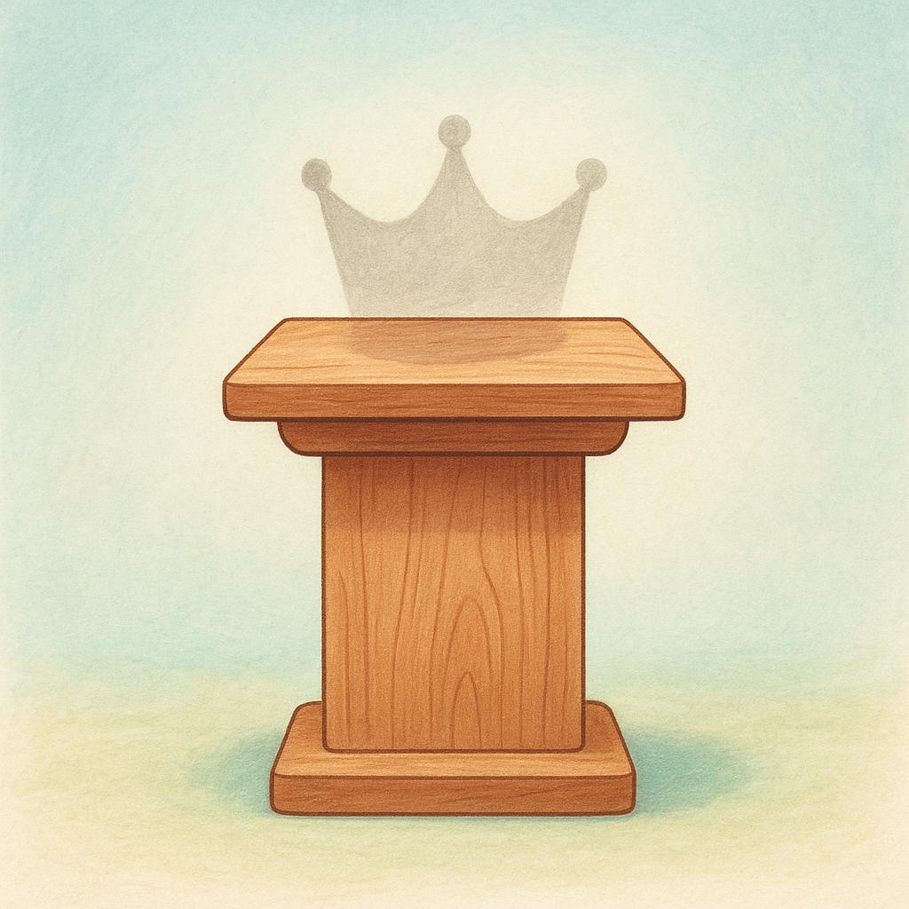 A simple, empty wooden pedestal showing only the faint, residual shadow outline of an object that used to rest on top, symbolizing a former status.