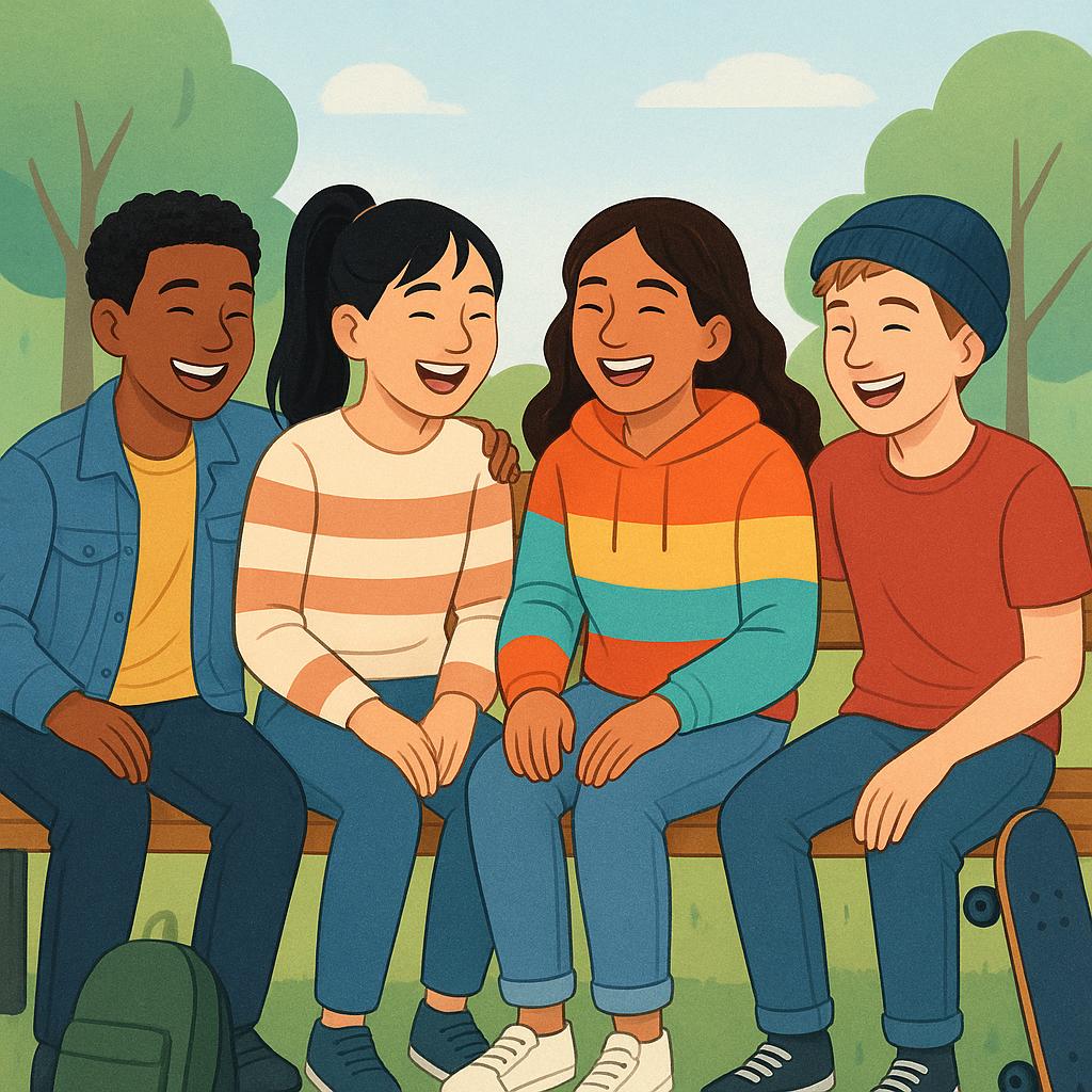 Four diverse teenagers sitting closely together on a park bench, smiling and talking, illustrating a general group of young people.