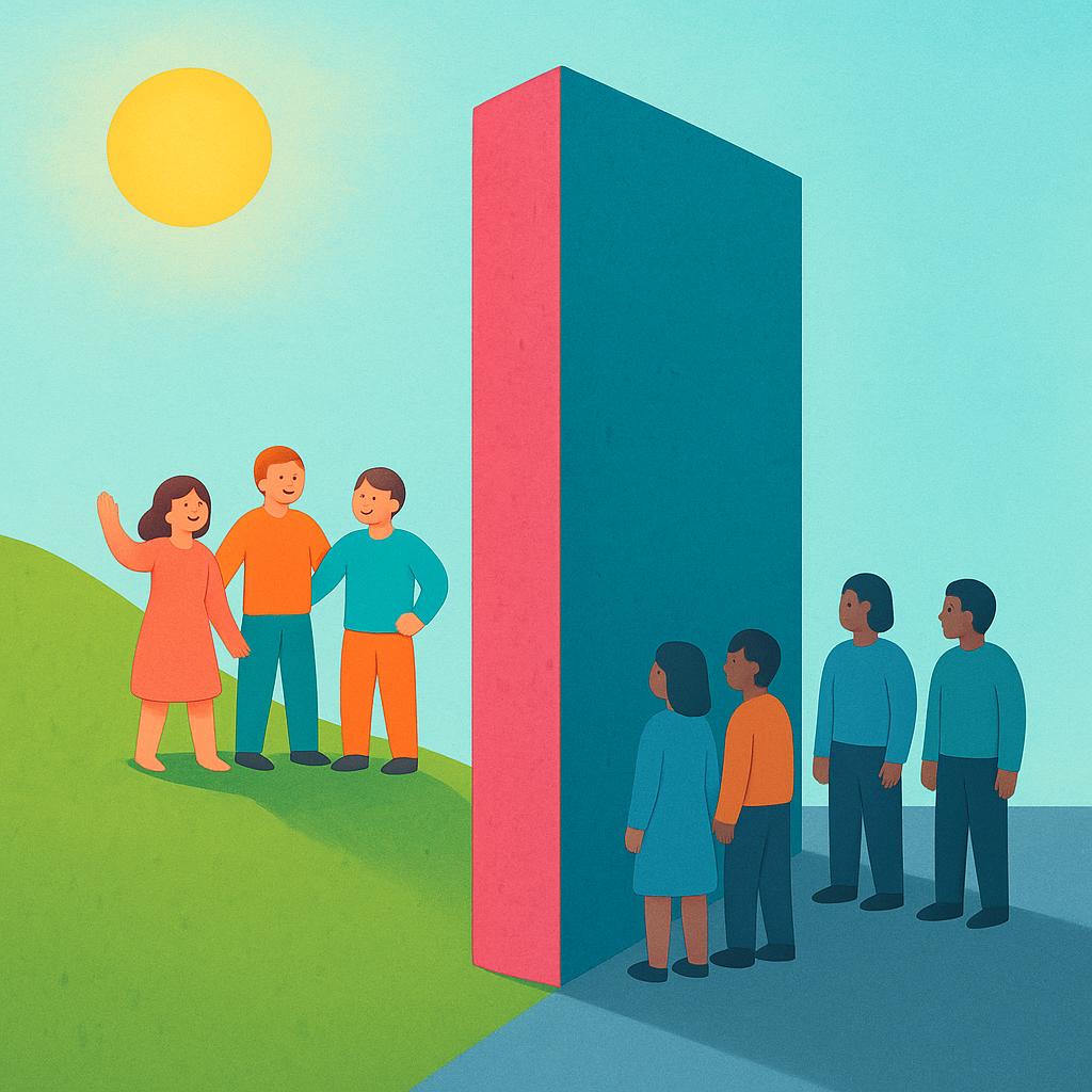 A colorful illustration of a tall, imposing wall separating two groups of stylized people figures, symbolizing discriminatory actions or policies.