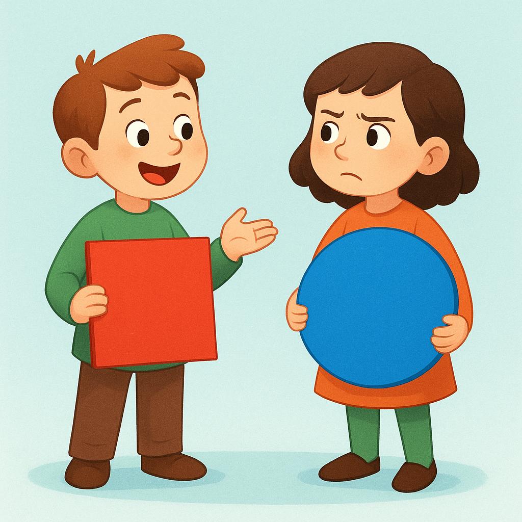 Two cartoon characters, one holding a red square and the other holding a blue circle, looking confusedly at each other, representing a communication error.