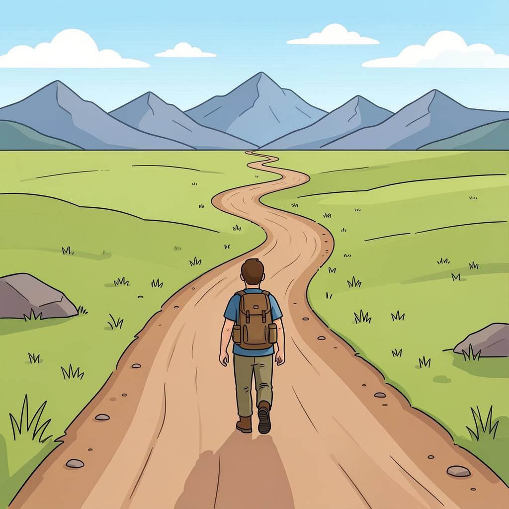 A traveler walking down a long, winding path that disappears into distant rolling hills under a setting sun.