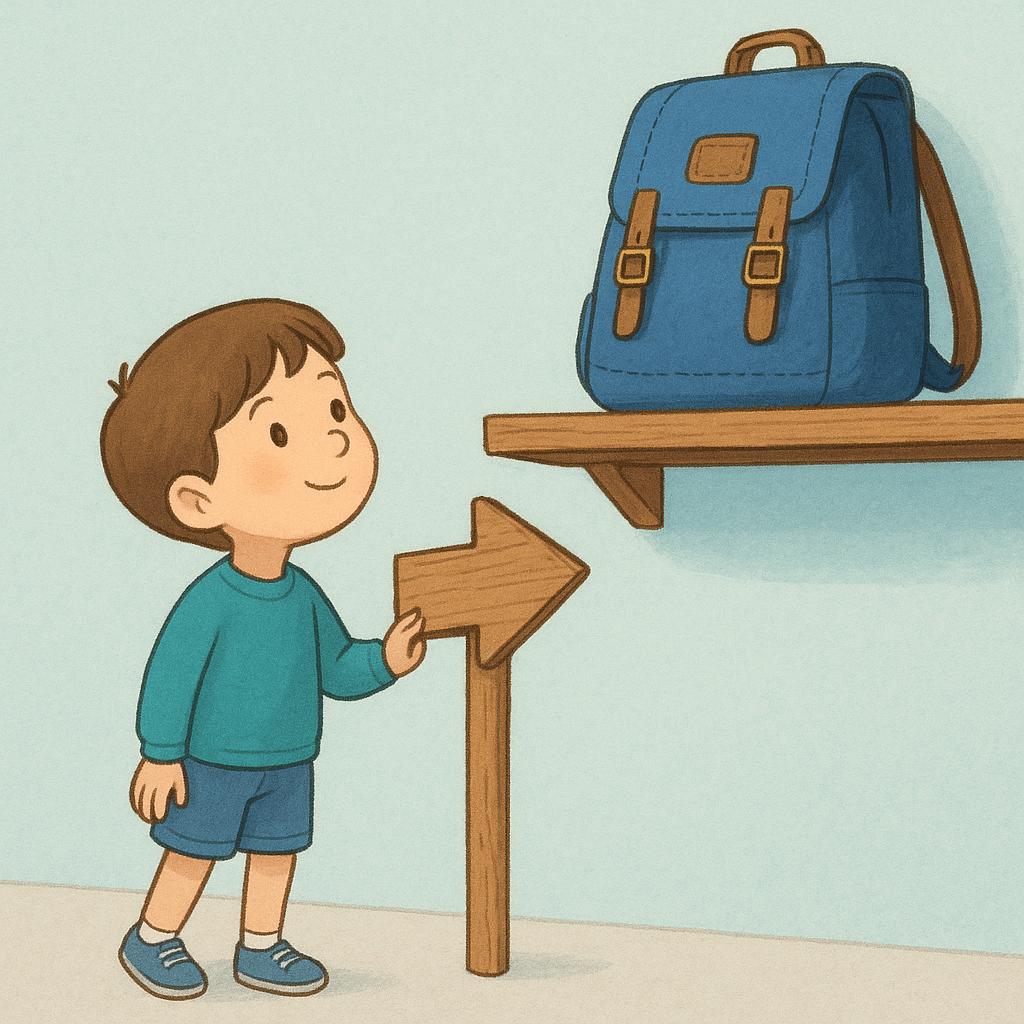 A small child stands next to an empty path sign, pointing eagerly toward a large, sturdy backpack placed on a high shelf, indicating preparation for a future journey.