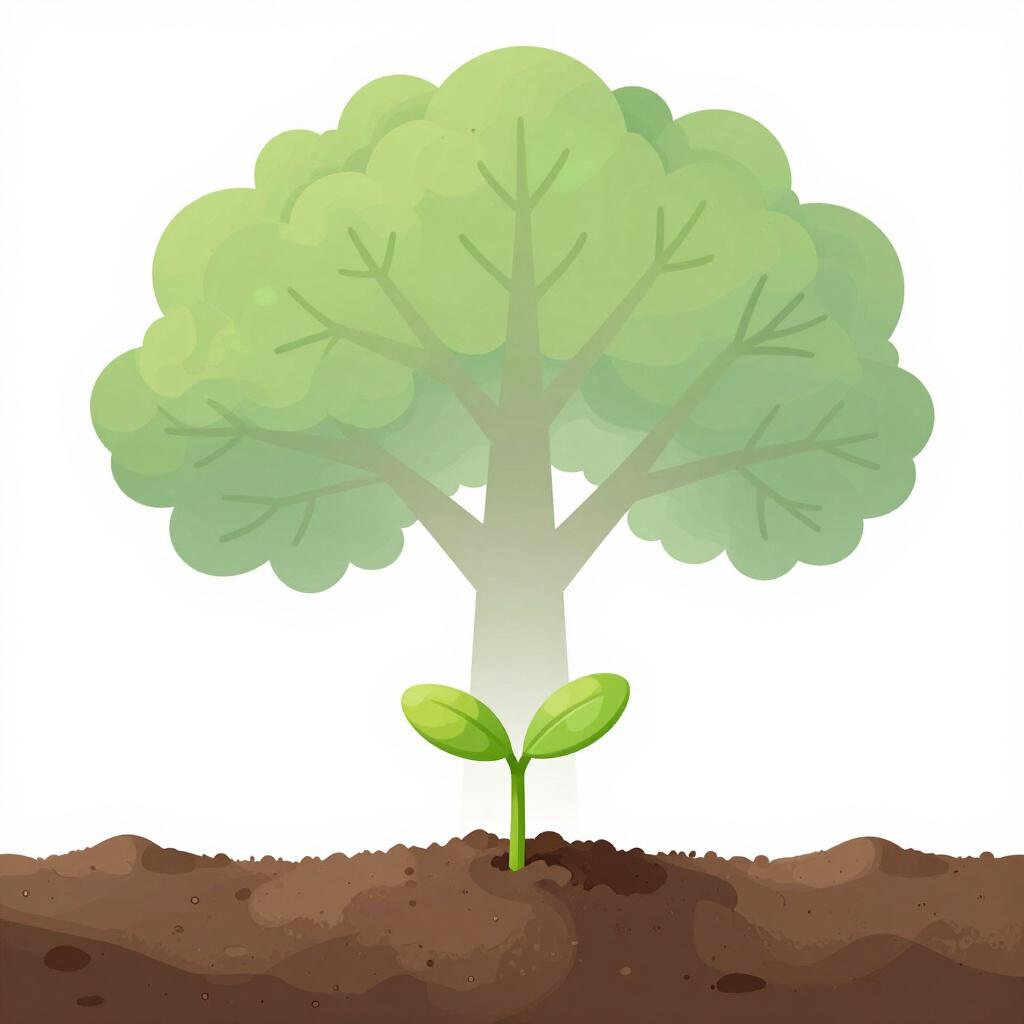 土から小さな緑の苗が育ち、その背後には大きな高いオークの木のぼんやりとした影が見える。