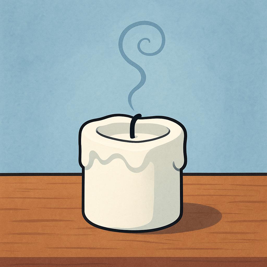 A single, thick white candle sitting on a wooden table. The flame has been recently extinguished, and a thin wisp of smoke curls upwards against a soft background, symbolizing a life that has ended.