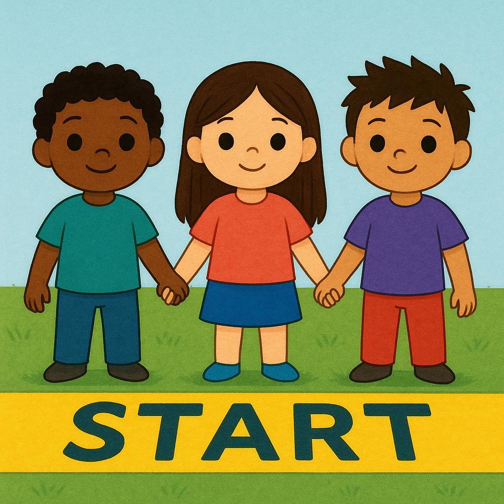 A simple storybook illustration showing three stylized figures standing shoulder-to-shoulder just behind a bright yellow starting line marked on a grassy field, indicating that they are about to begin an activity.