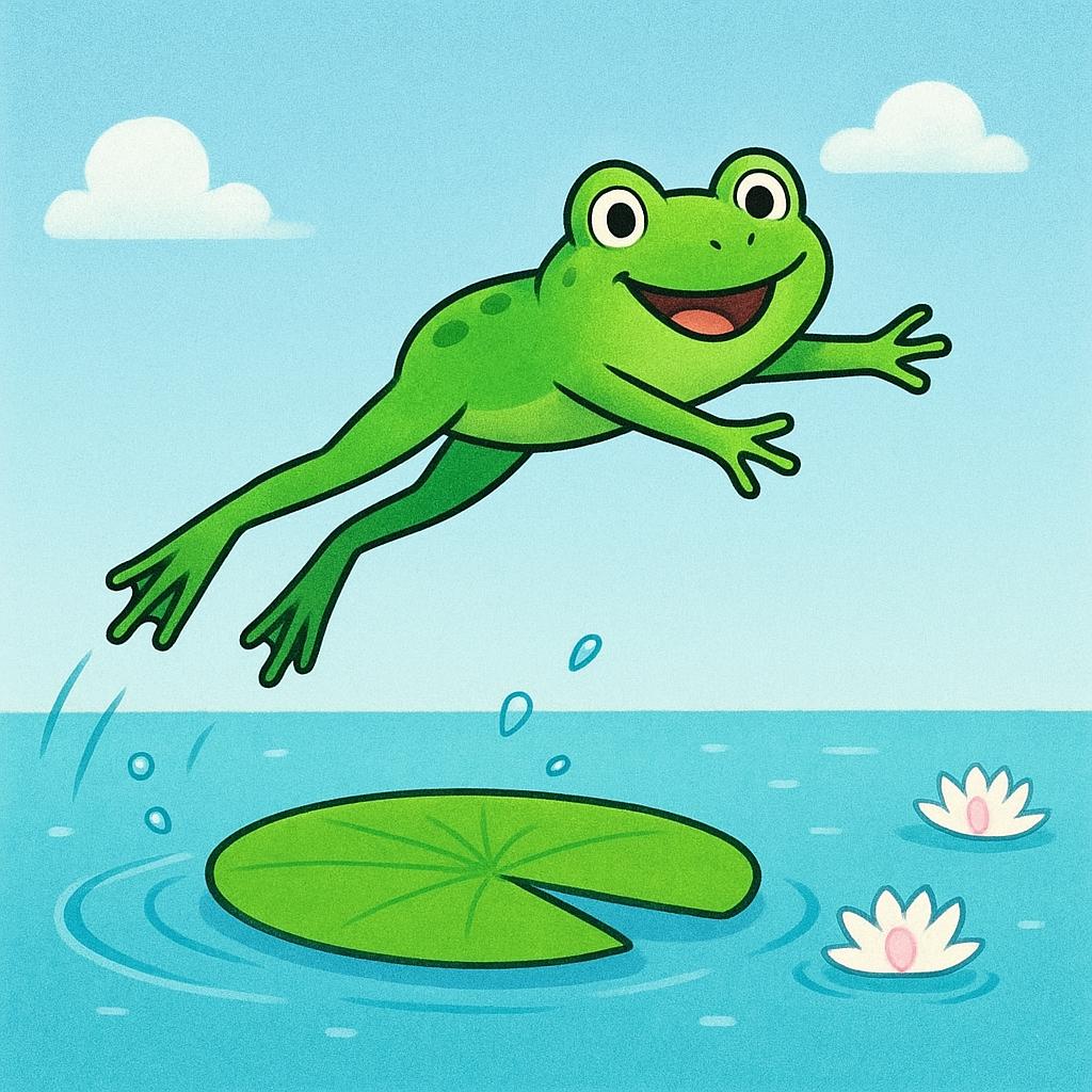 A bright green frog is suspended mid-air above a large green lily pad, demonstrating a jump.
