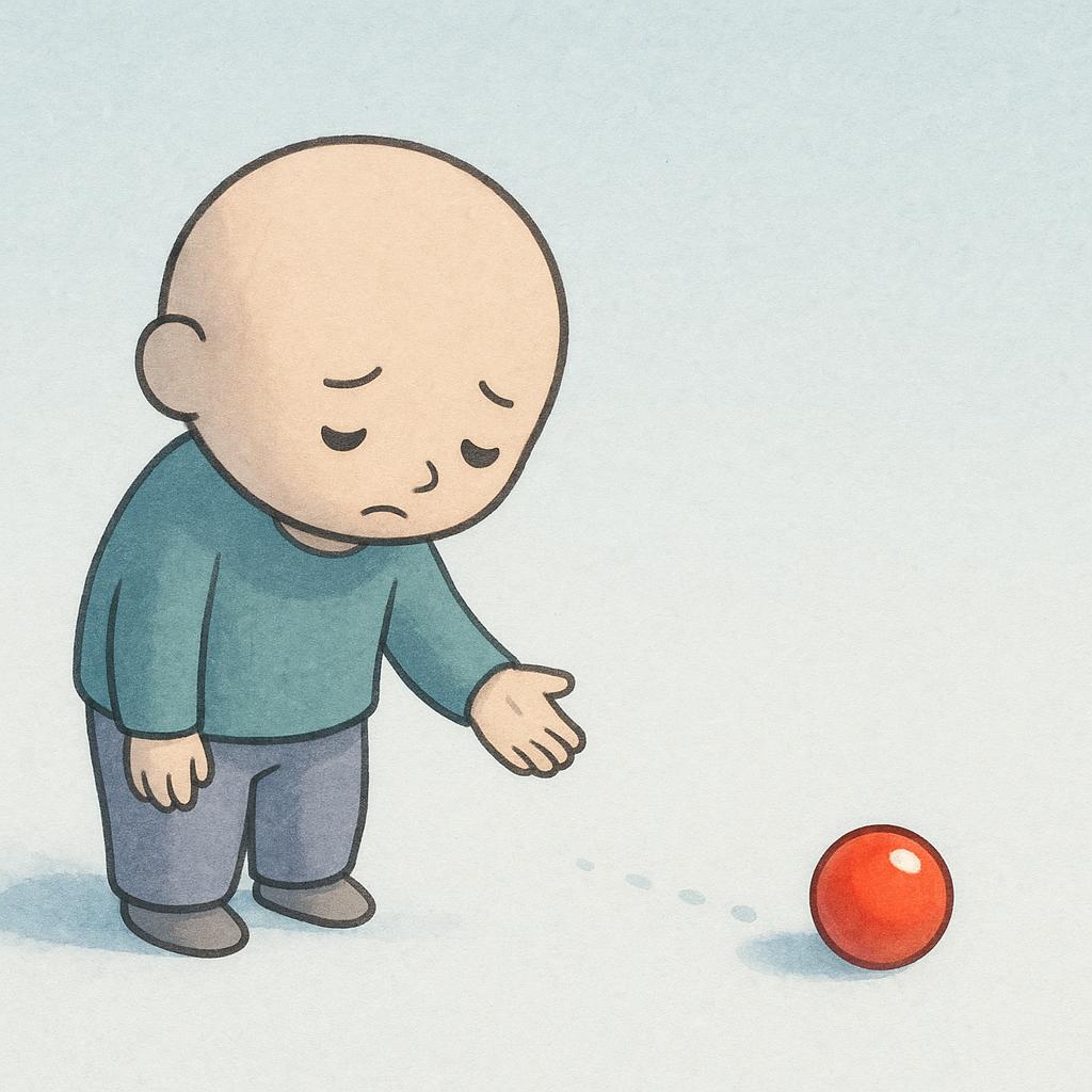 A small, cartoonish figure looks down sadly as a single red marble rolls away from their outstretched hand and disappears off the edge of the frame, symbolizing losing something.