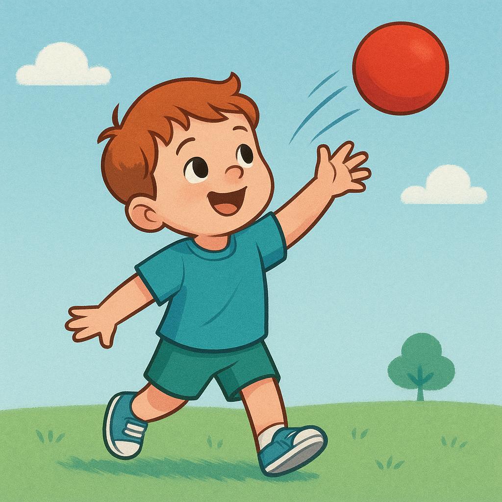 A high-quality storybook illustration of a cheerful character throwing a bright red ball high into the air in a green field.