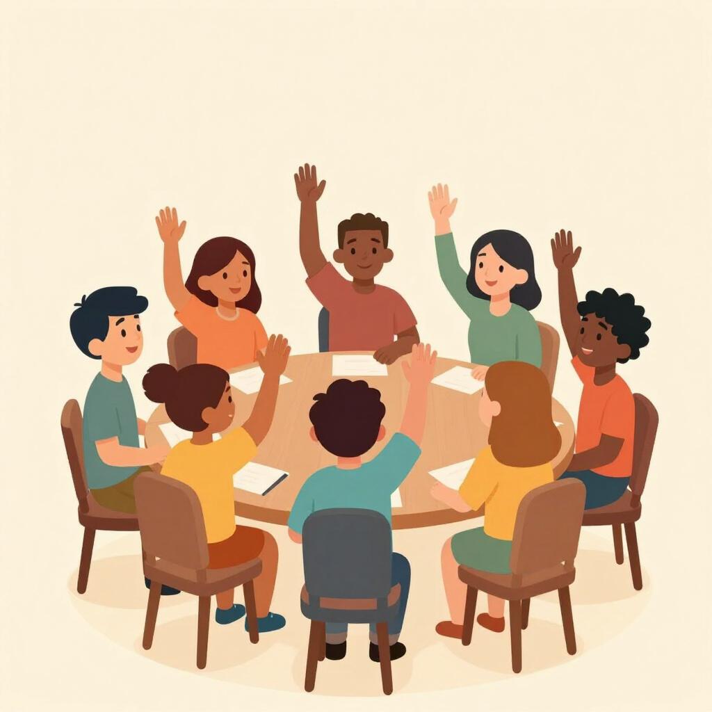 合意して同時に手を上げている楽しそうな人々のグループ。