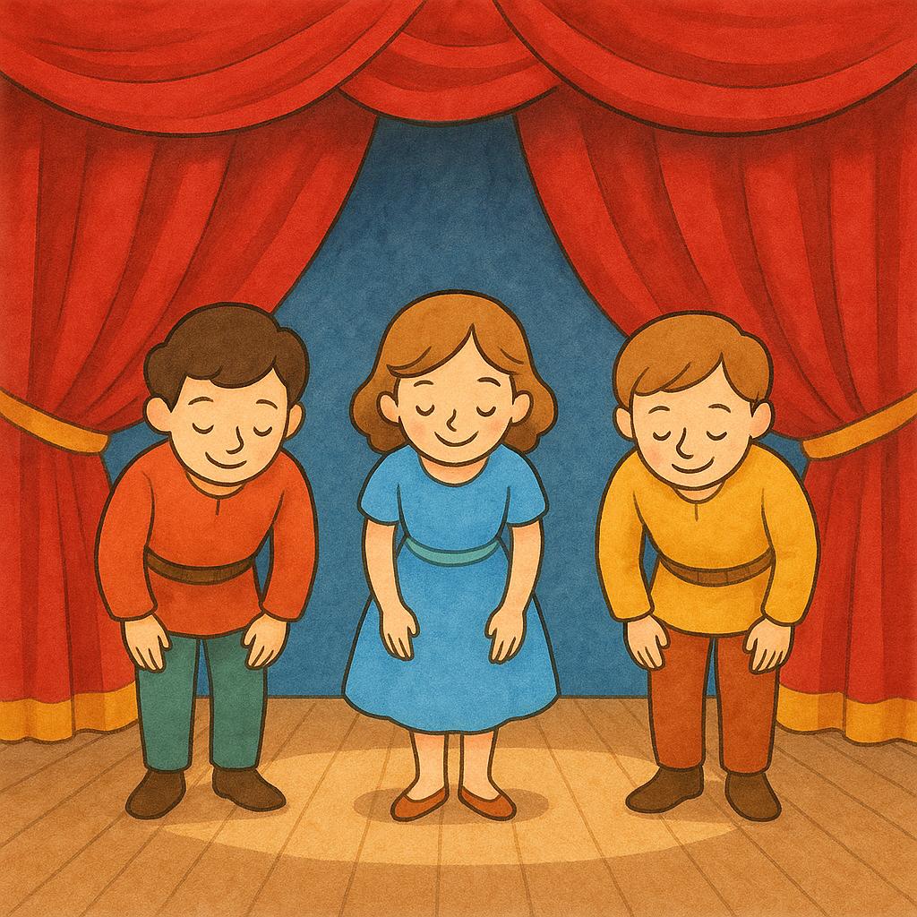 A storybook illustration of three performers, two men and one woman, wearing simple theatrical costumes, standing center stage and taking a bow in front of red velvet curtains.