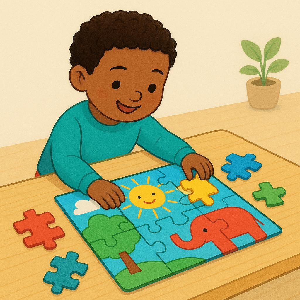 A child smiling while successfully placing the final piece of a colorful jigsaw puzzle, indicating completion of the task.