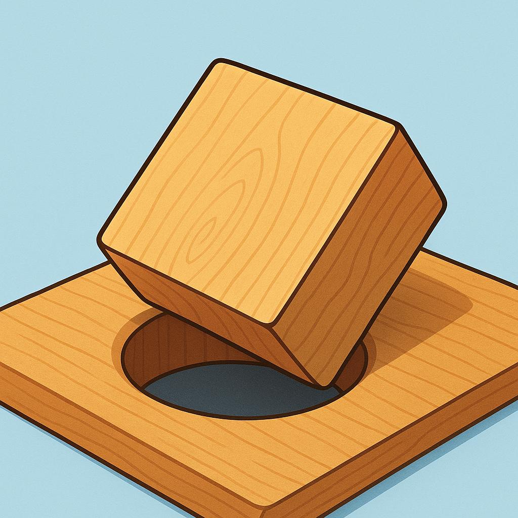 A large square wooden block resting against a round hole on a wooden surface, illustrating an incorrect fit.