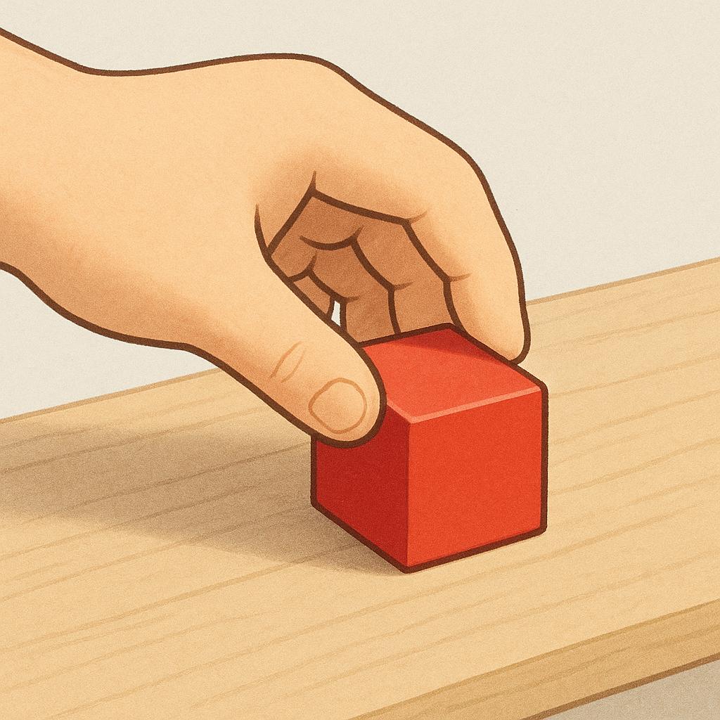 A human hand gently placing a small, red block onto a wooden table.