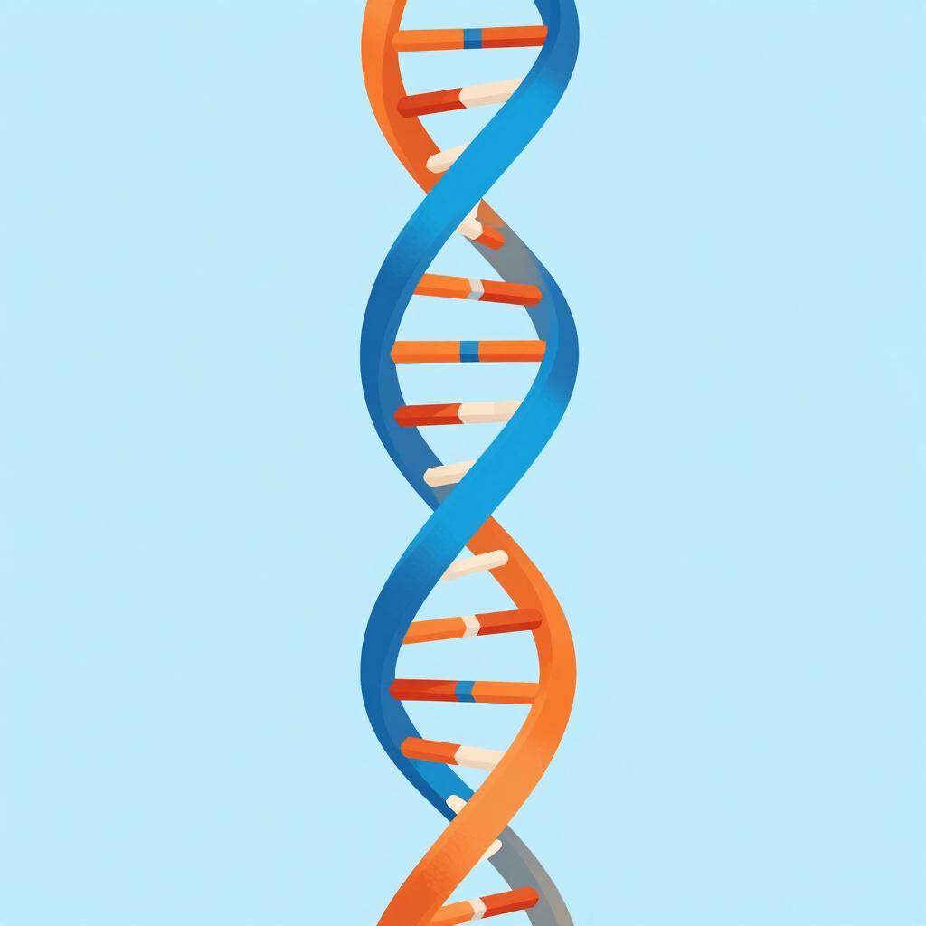 A colorful illustration of a double helix DNA strand floating in a clear blue space.