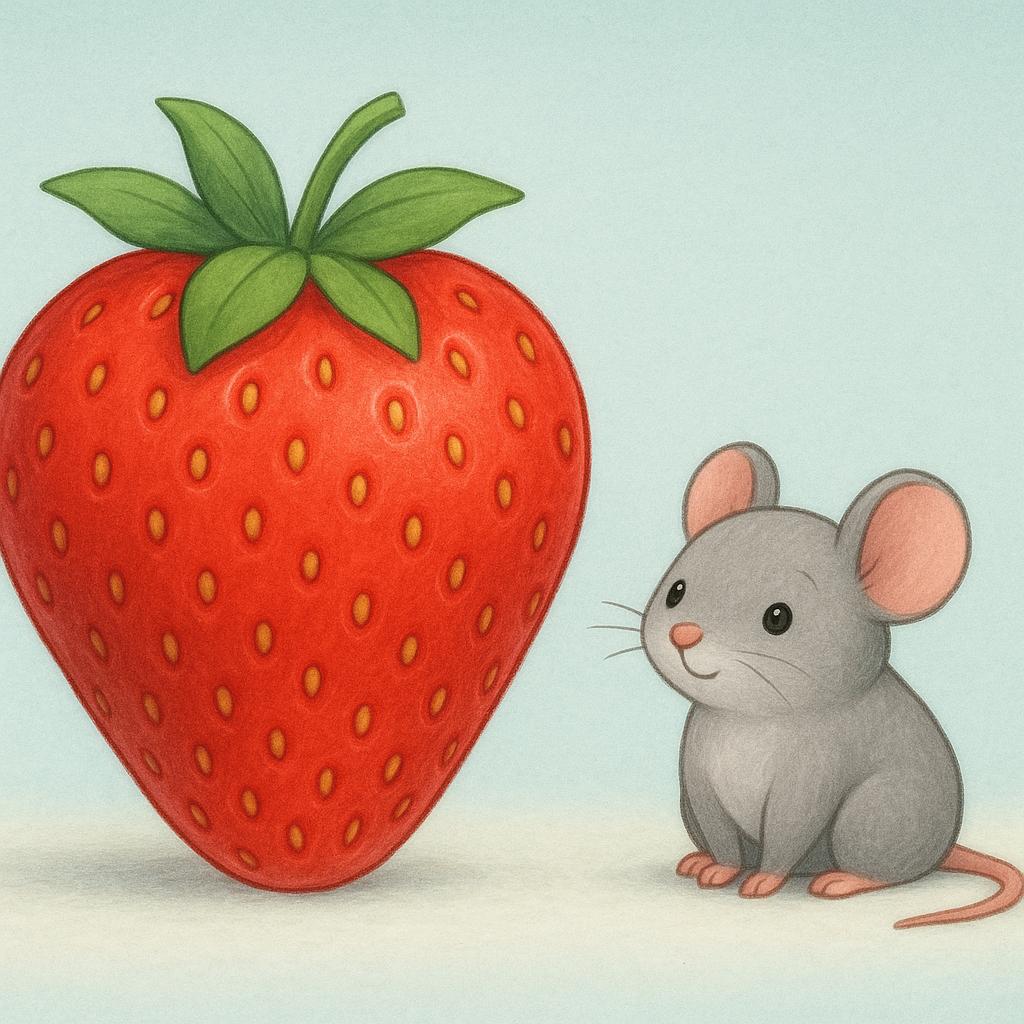 A tiny gray mouse sitting next to a massive red strawberry, emphasizing the difference in physical size.