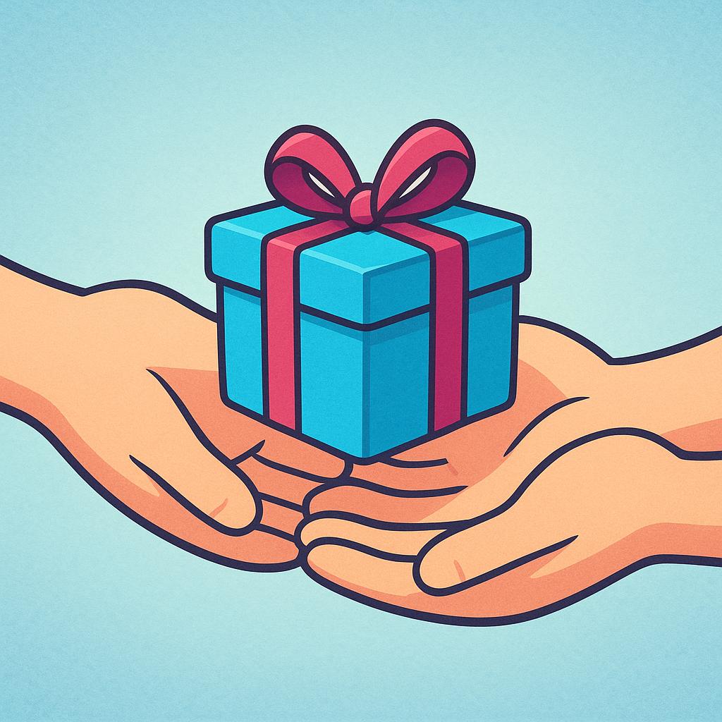 A close-up view of a pair of cartoon hands reaching out and actively accepting a small, brightly colored wrapped gift box.