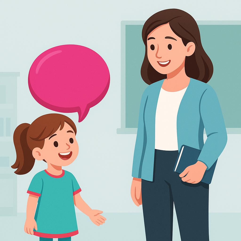 A young girl stands in a classroom setting, smiling at a teacher while holding a large, blank speech bubble near her mouth, indicating she is answering a question.