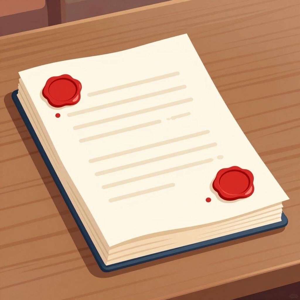 Un document formel avec un sceau de cire rouge posé sur une table en bois sombre dans une salle d'audience.