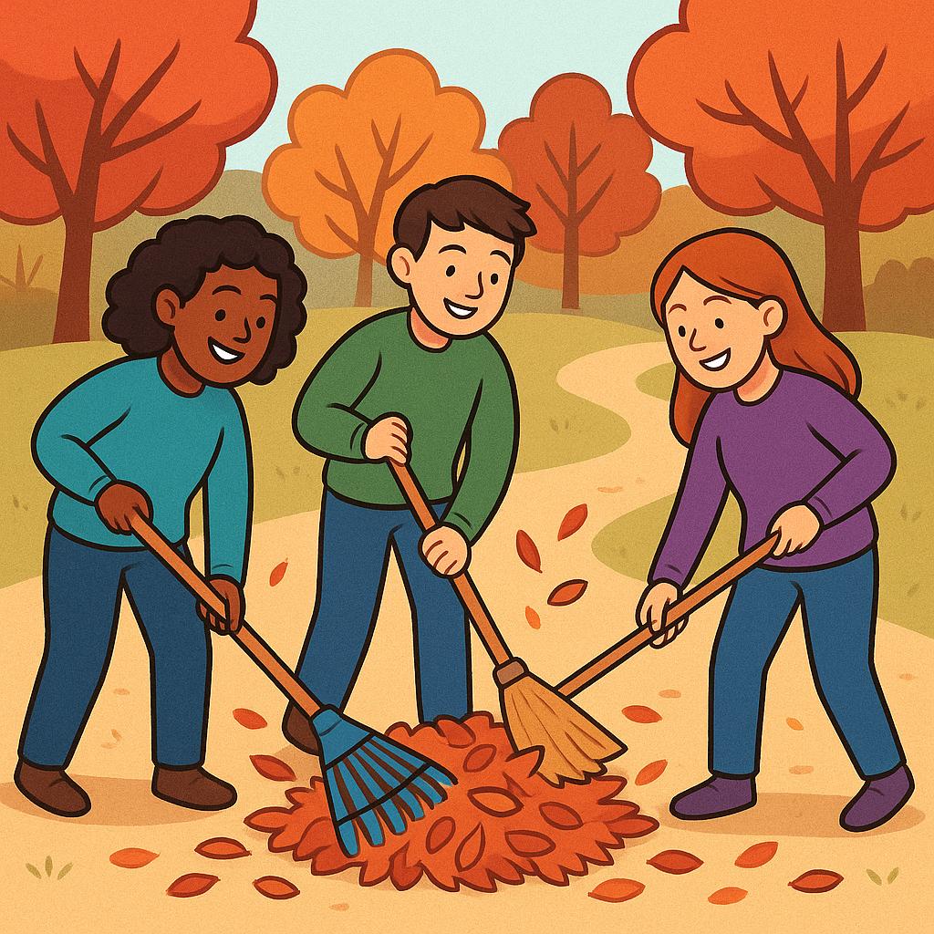 Three cheerful friends working together, sweeping a large pile of autumn leaves in a vibrant, sunny park.